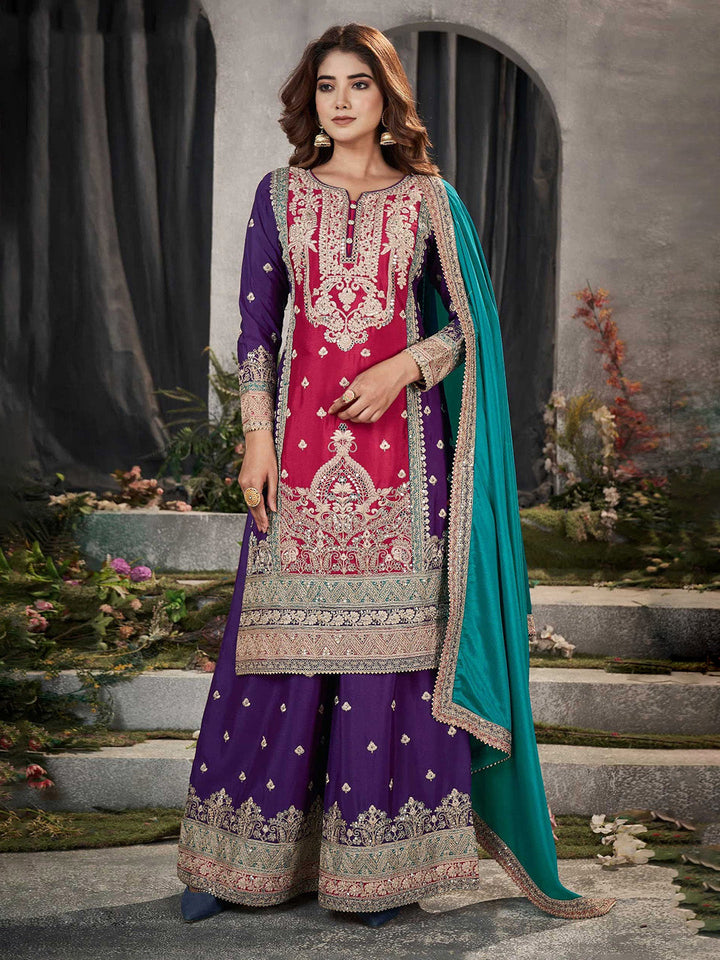 Purple Embroidered Chinnon Kurta Palazzo Dupatta
