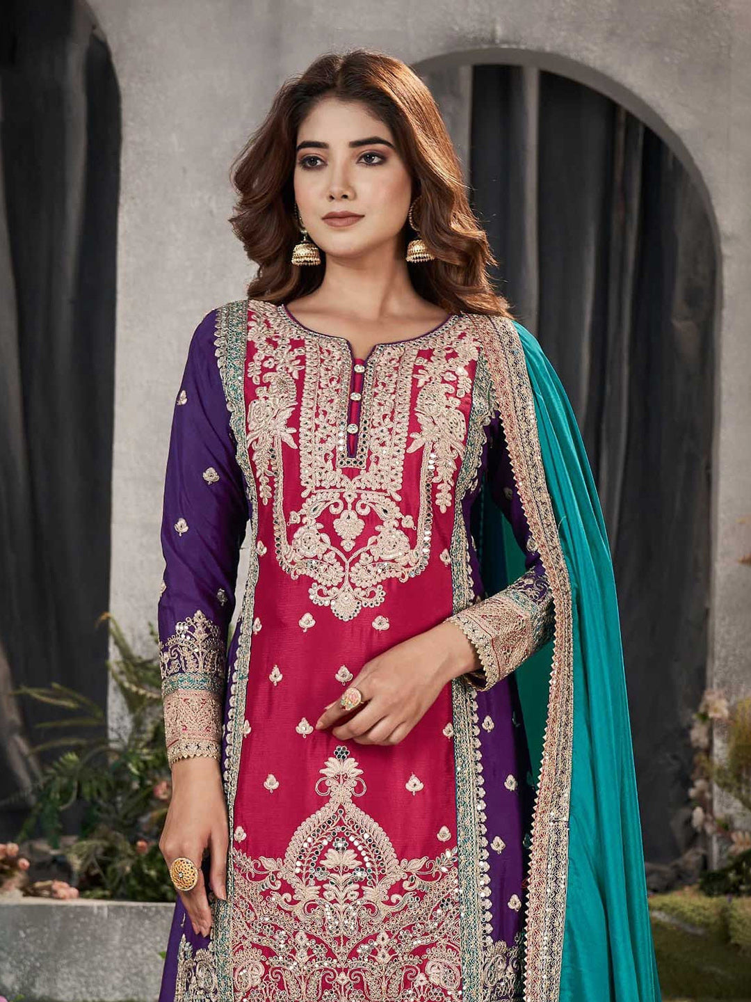 Purple Embroidered Chinnon Kurta Palazzo Dupatta
