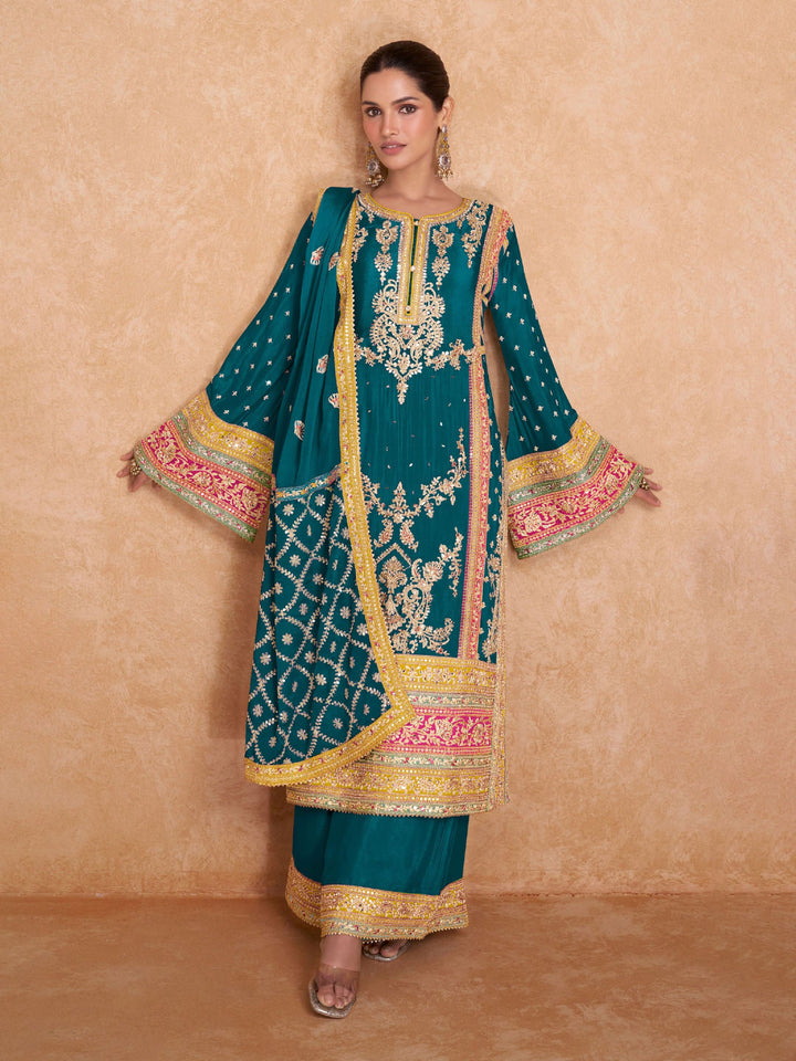 Teal Blue Embroidered Chinon Kurta With Palazzo &amp; Dupatta
