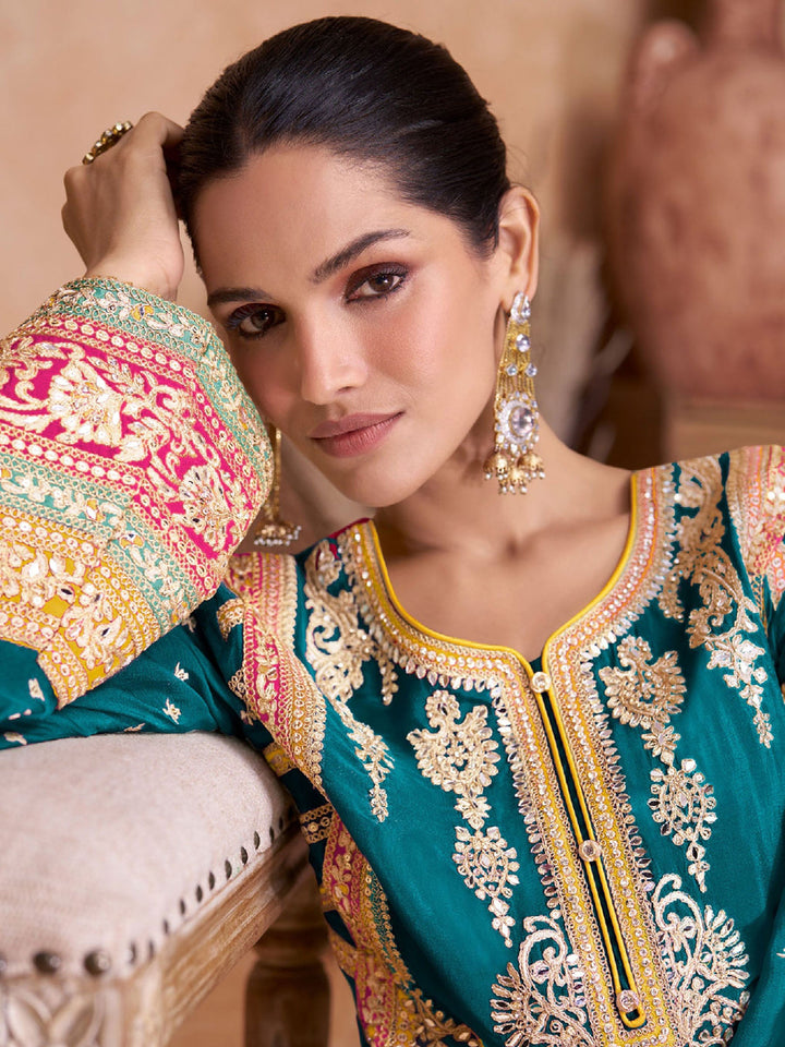 Teal Blue Embroidered Chinon Kurta With Palazzo &amp; Dupatta
