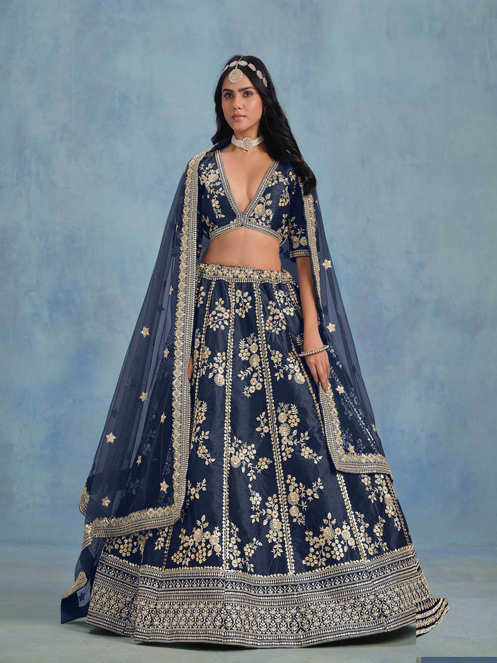 Navy Blue Embroidered Art Silk Semi Stitched Kurta Choli With Lehenga &amp; Dupatta