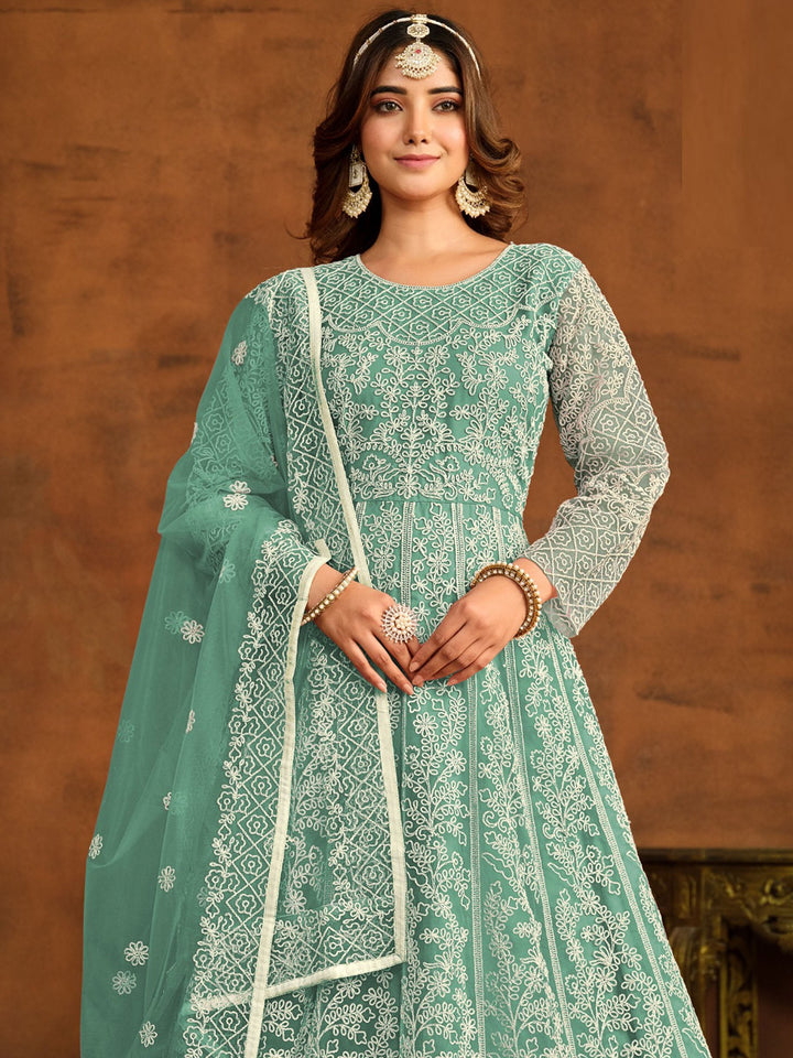 Turquoise Embroidered Net Semi Stitched Kurta With Churidar Pajami &amp; Dupatta