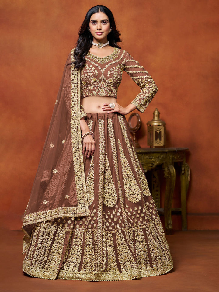 Brown Embroidered Net Semi Stitched Kurta Choli With Lehenga &amp; Dupatta
