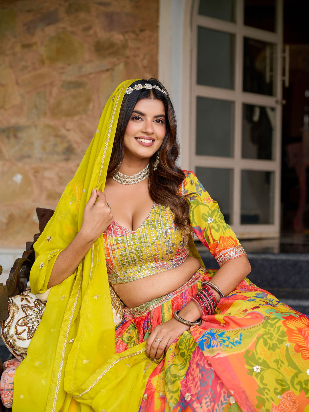 Yellow Embroidered Oaganza Semi Stitched Kurta Choli With Lehenga &amp; Dupatta