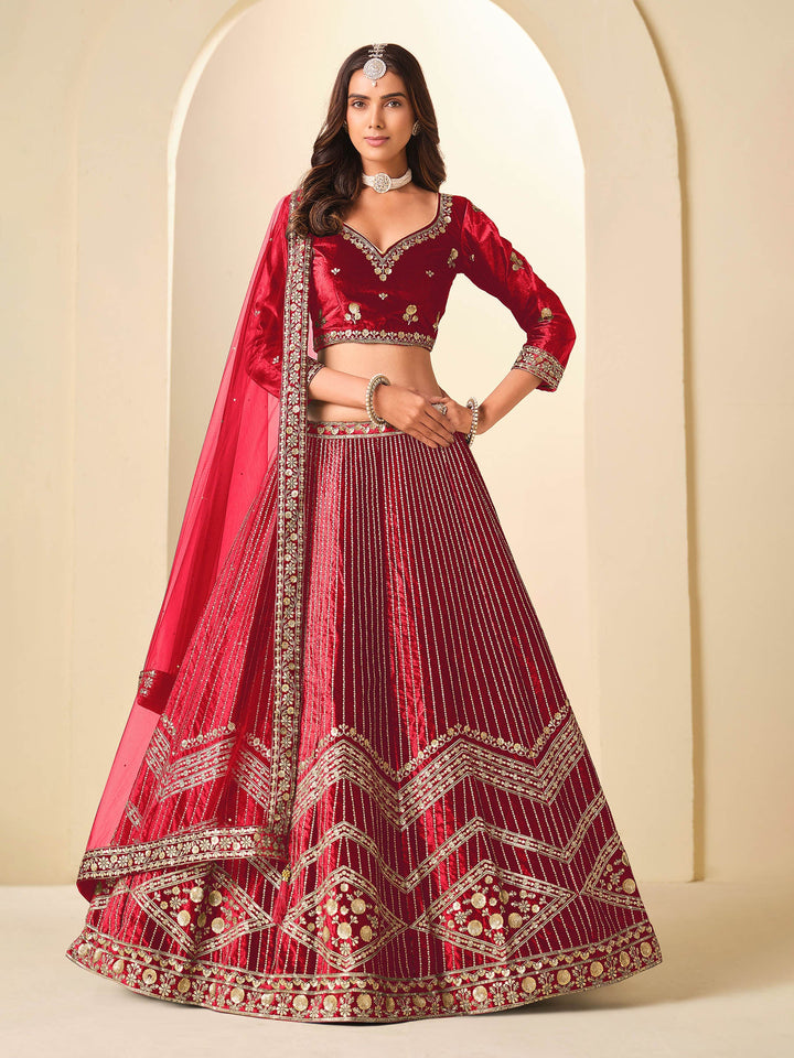 Rani Embroidered Valvet Semi Stitched Kurta Choli With Lehenga &amp; Dupatta