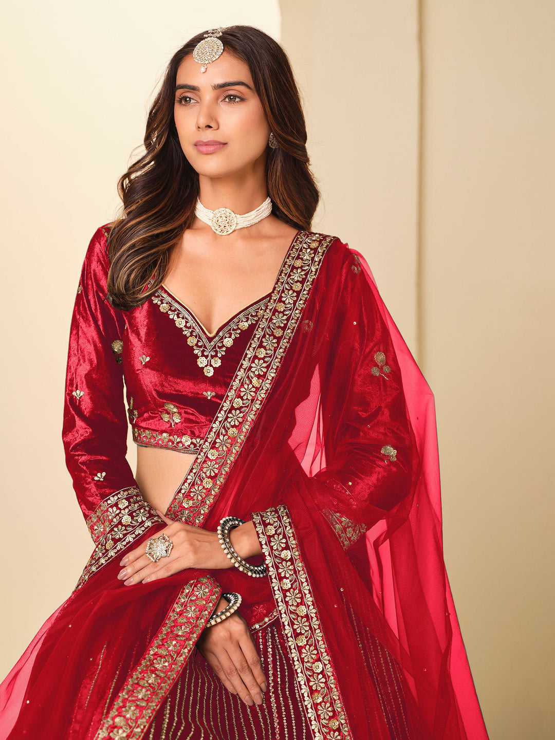 Rani Embroidered Valvet Semi Stitched Kurta Choli With Lehenga &amp; Dupatta