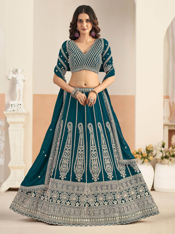 Teal Blue Embroidered Georgette Semi Stitched Kurta Choli With Lehenga &amp; Dupatta