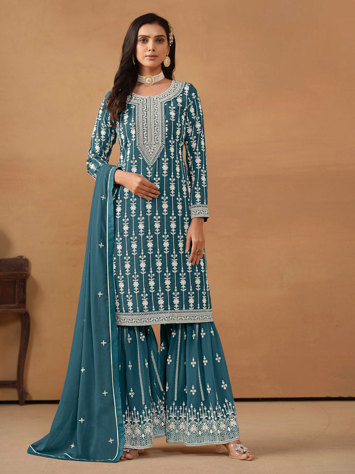 Teal Blue Embroidered Georgette Semi Stitched Kurta With Sharara &amp; Dupatta