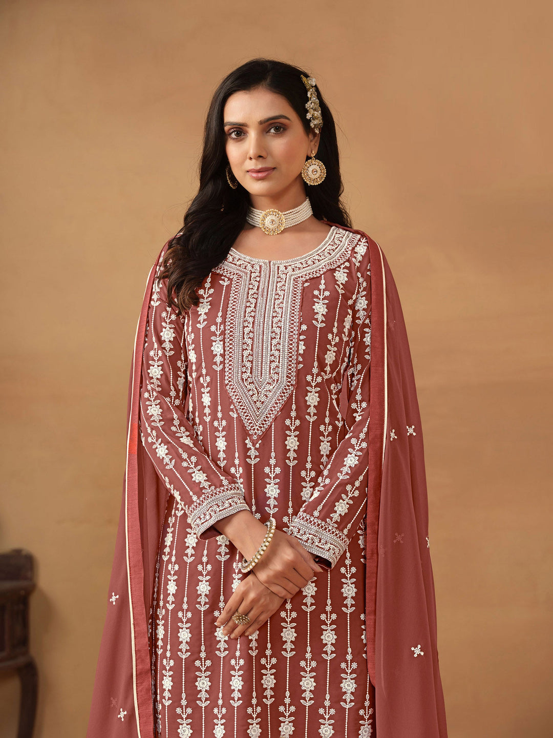 Rose Embroidered Georgette Semi Stitched Kurta With Sharara &amp; Dupatta