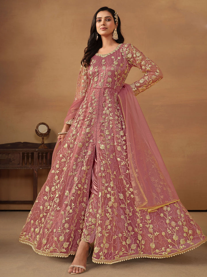 Pink Embroidered Net Semi Stitched Kurta With Pant &amp; Dupatta