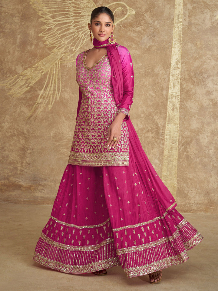 Pink Chinon Embroidered Kurta Palazzo With Dupatta