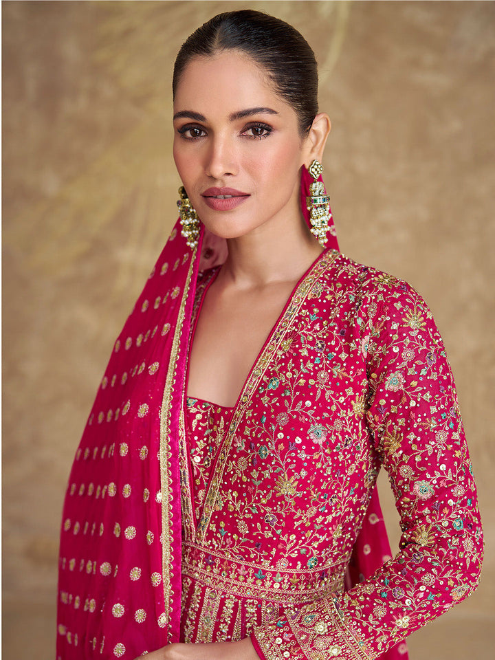 Pink Embroidered Georgette Gown With Dupatta