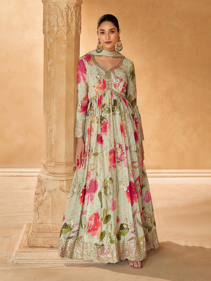 Off White Embroidered Chinnon Gown With Dupatta