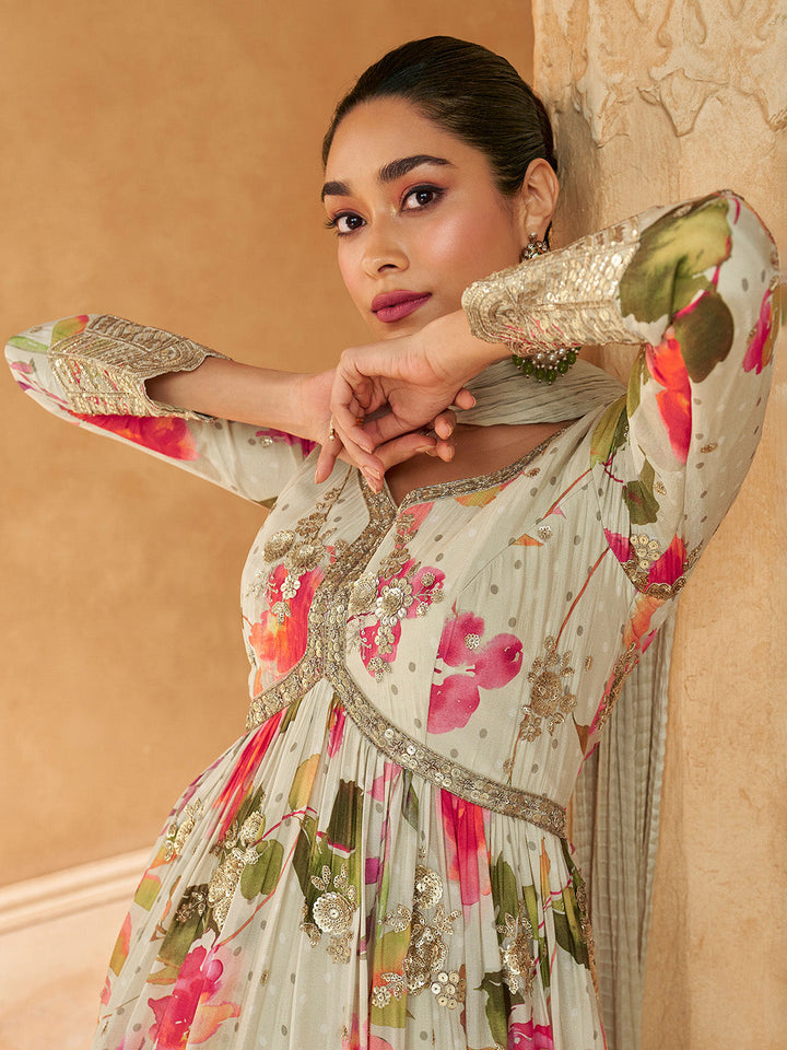 Off White Embroidered Chinnon Gown With Dupatta