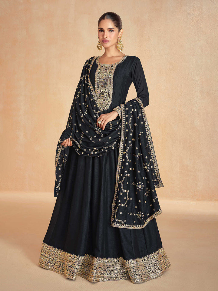 Black Embroidered Chinnon Gown With Dupatta
