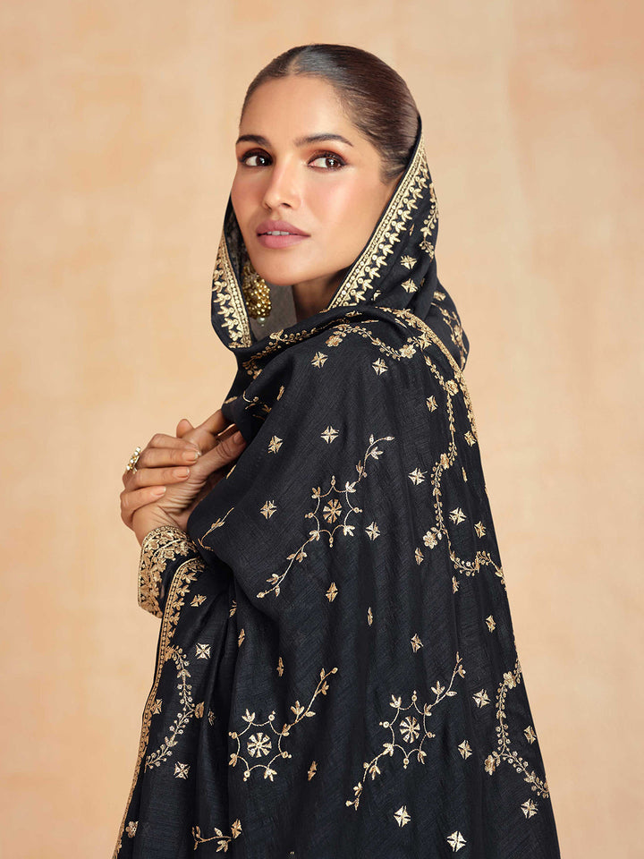 Black Embroidered Chinnon Gown With Dupatta