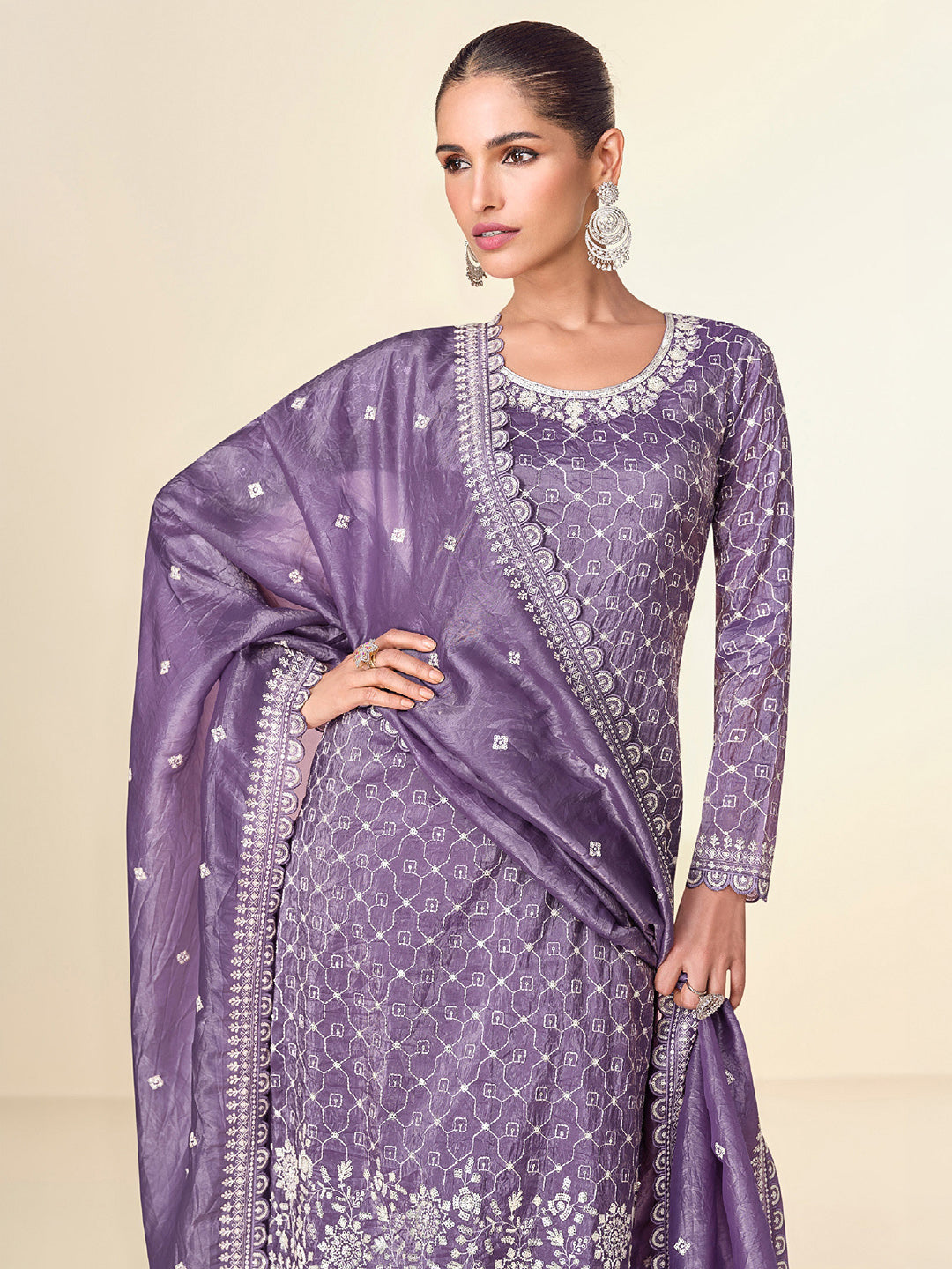 Purple Tissue Embroidered Kurta Palazzo With Dupatta