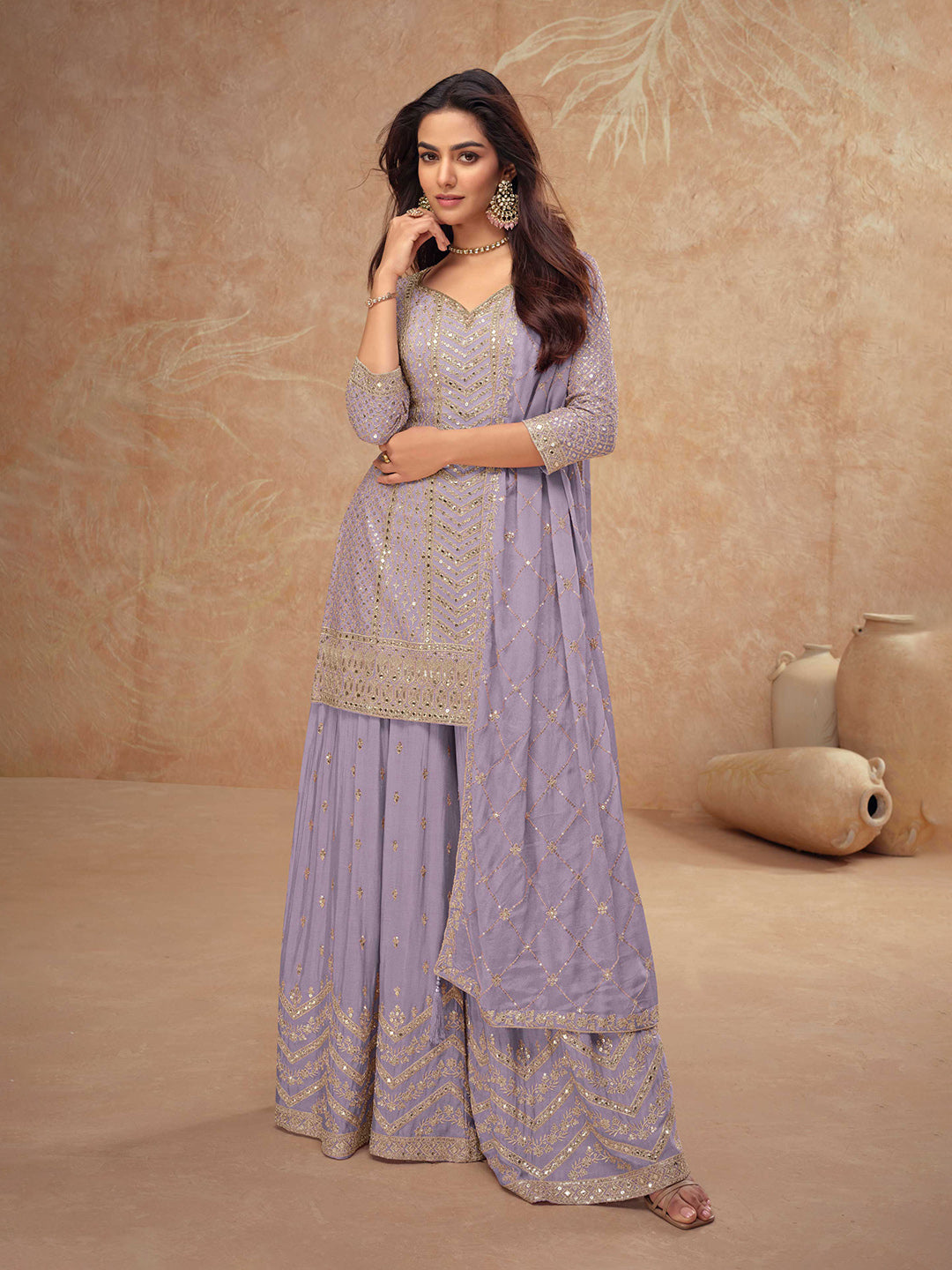 Lavender Embroidered Chinnon Kurta Palazzo Dupatta
