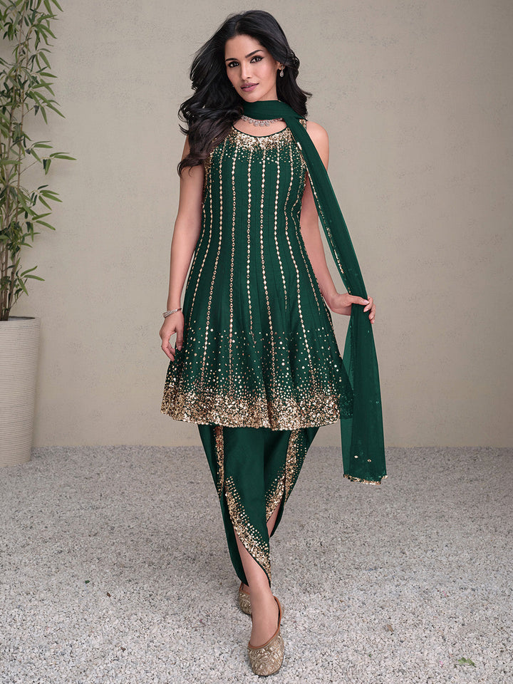 Green Art Silk Embroidered Kurta Dhoti With Dupatta