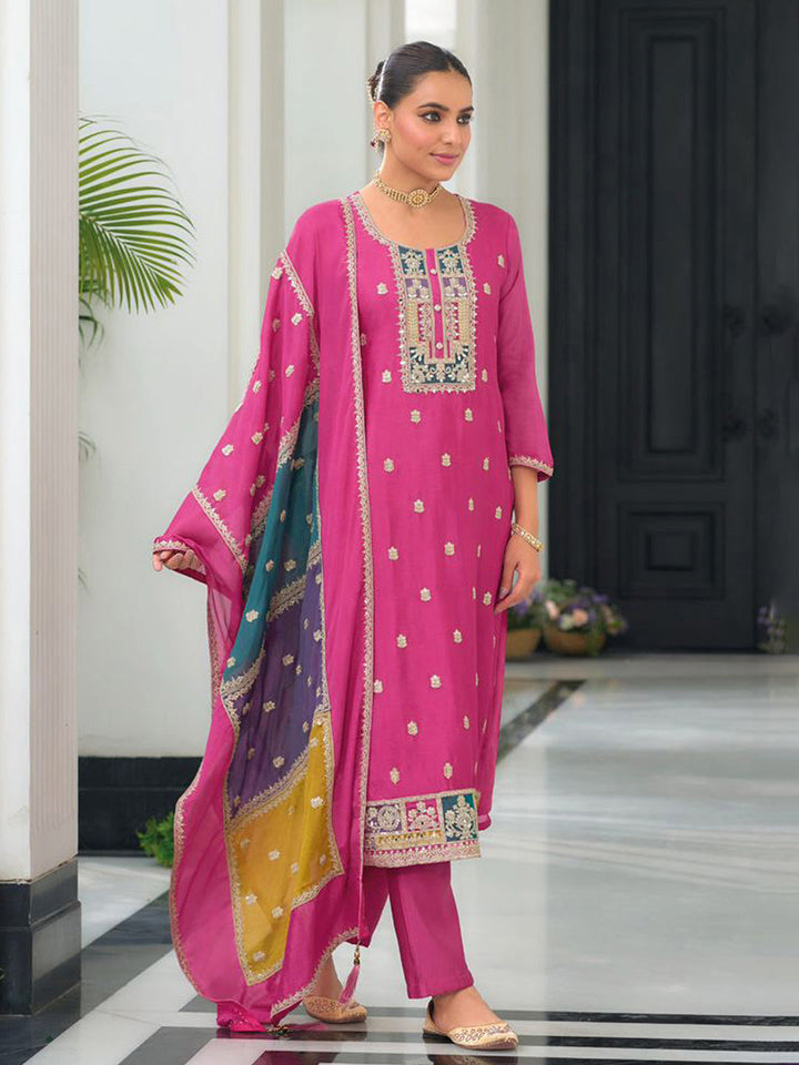 Pink Embroidered Chinnon Kurta Pant Dupatta