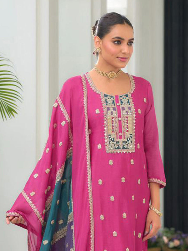 Pink Embroidered Chinnon Kurta Pant Dupatta