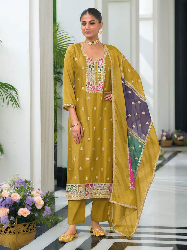 Mustard Embroidered Chinnon Kurta Pant Dupatta