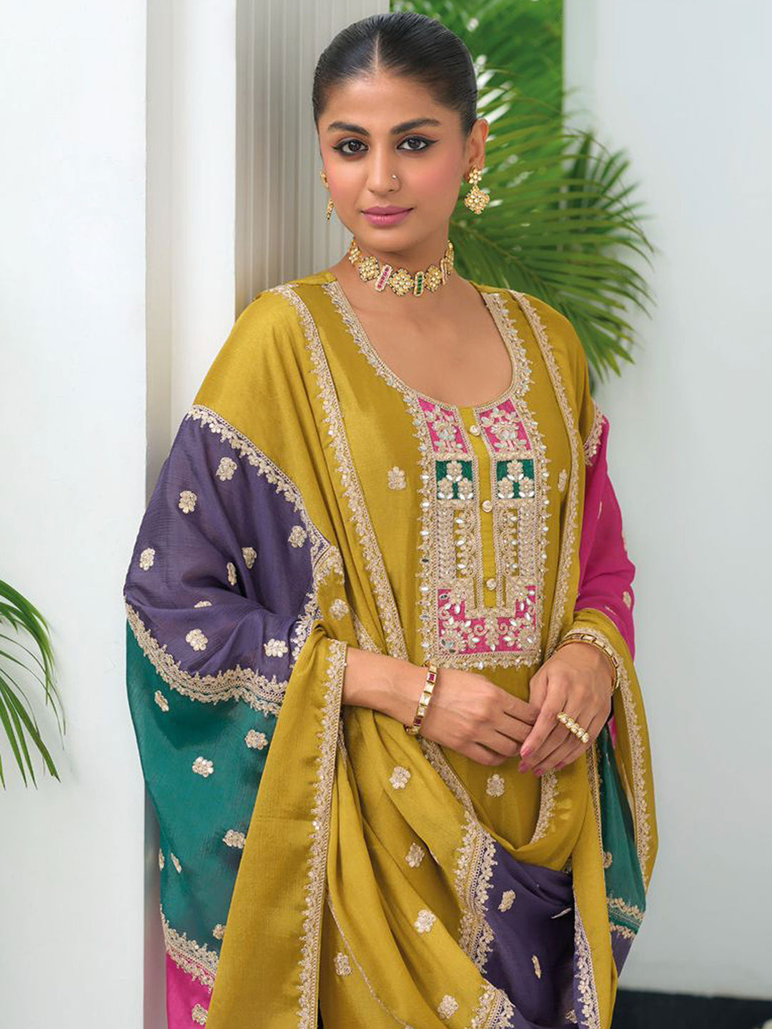 Mustard Embroidered Chinnon Kurta Pant Dupatta