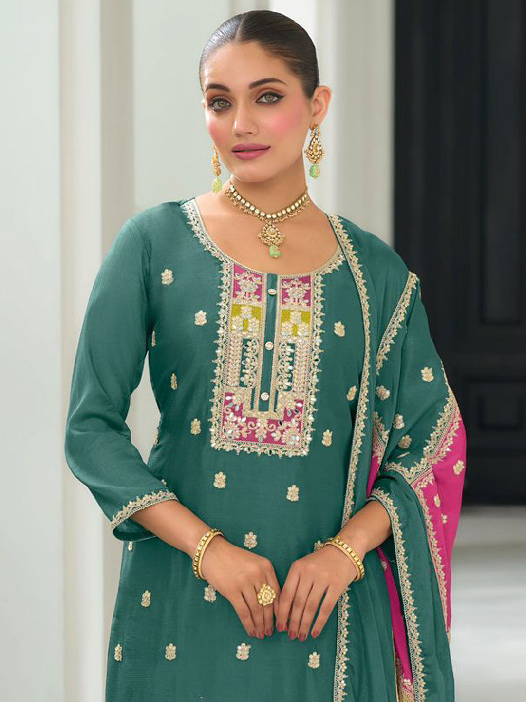 Green Embroidered Chinnon Kurta Pant Dupatta