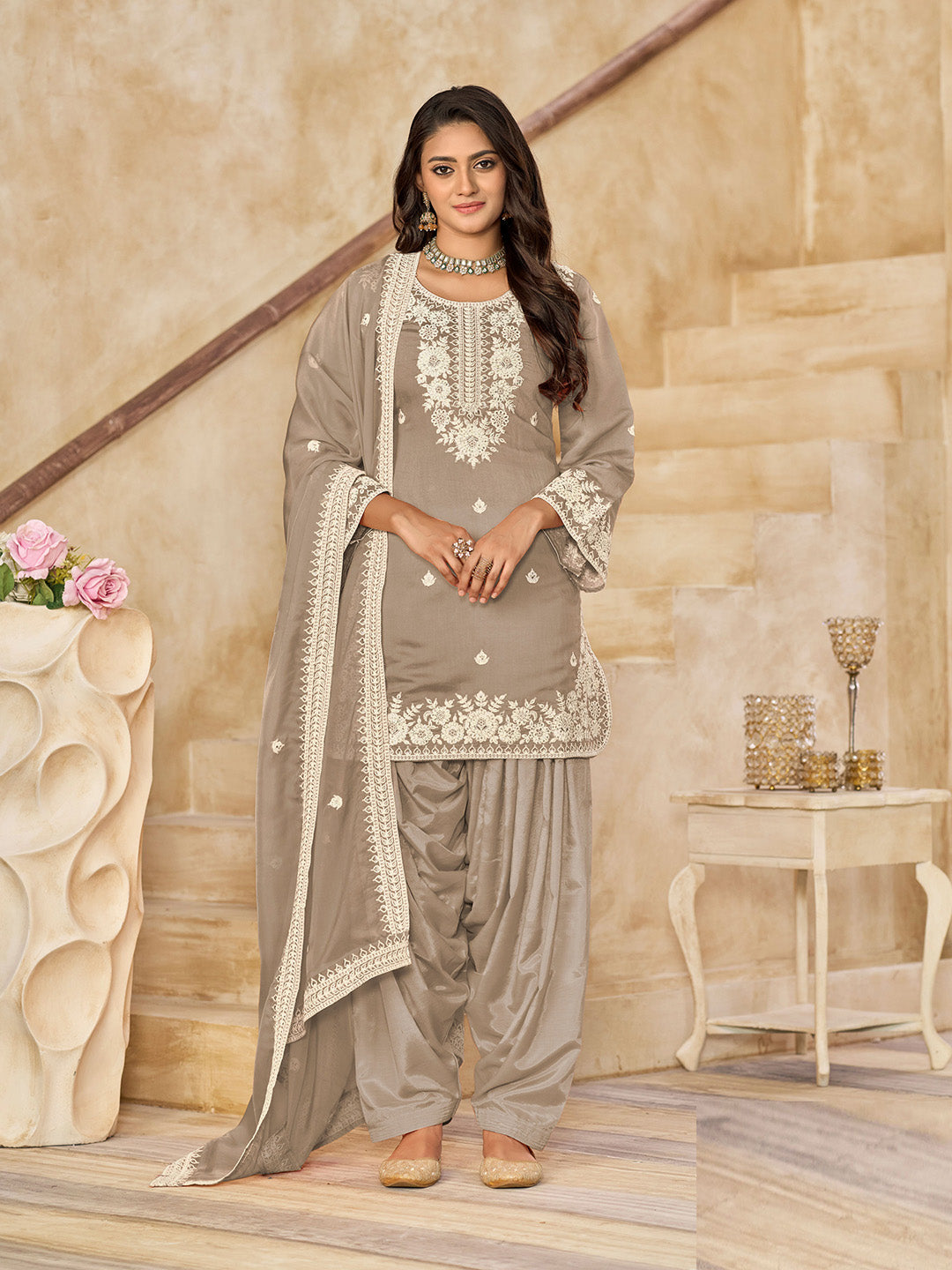 Grey Embroidered Art Silk Kurta Patiala Dupatta