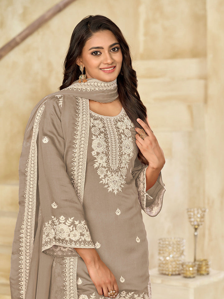 Grey Embroidered Art Silk Kurta Patiala Dupatta