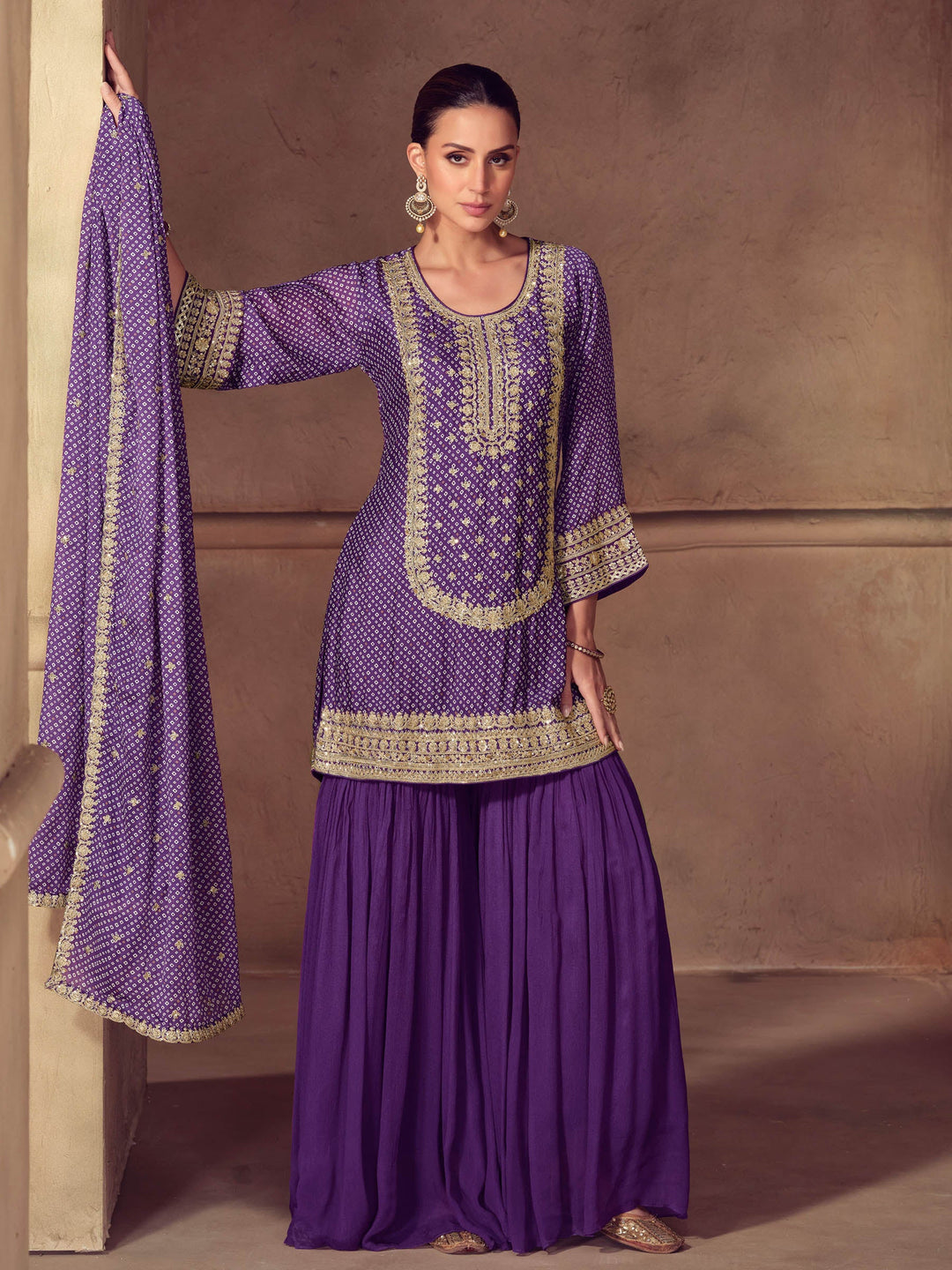 Purple Embroidered Chinon Kurta Palazzo with Dupatta