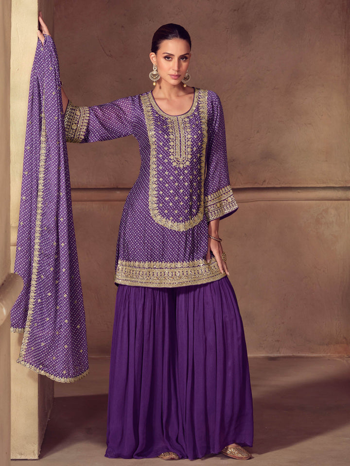 Purple Embroidered Chinon Kurta Palazzo with Dupatta