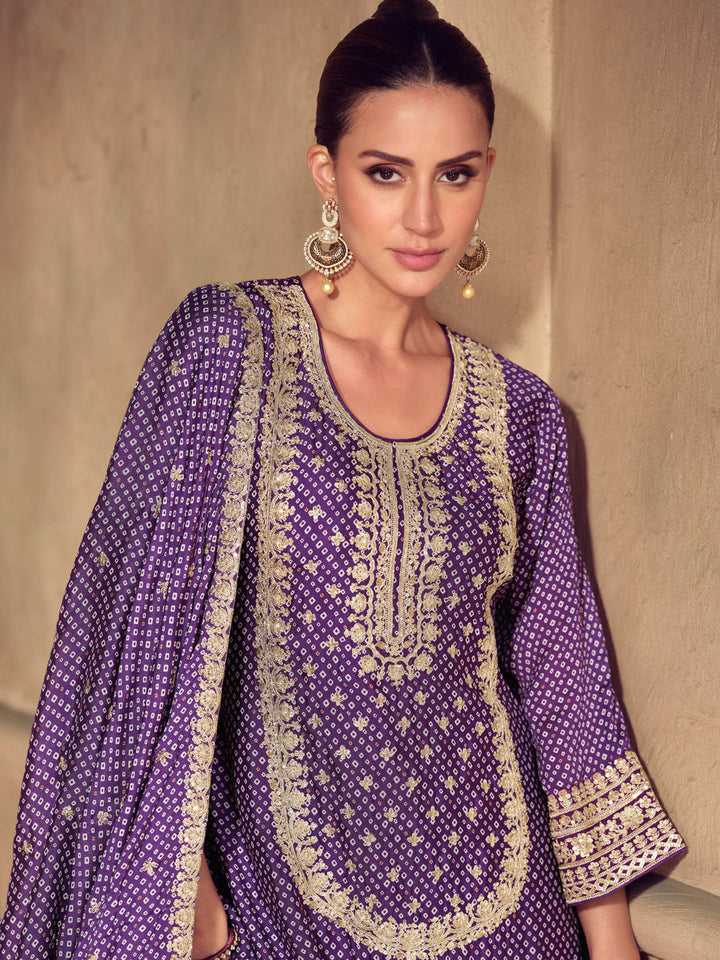 Purple Embroidered Chinon Kurta Palazzo with Dupatta