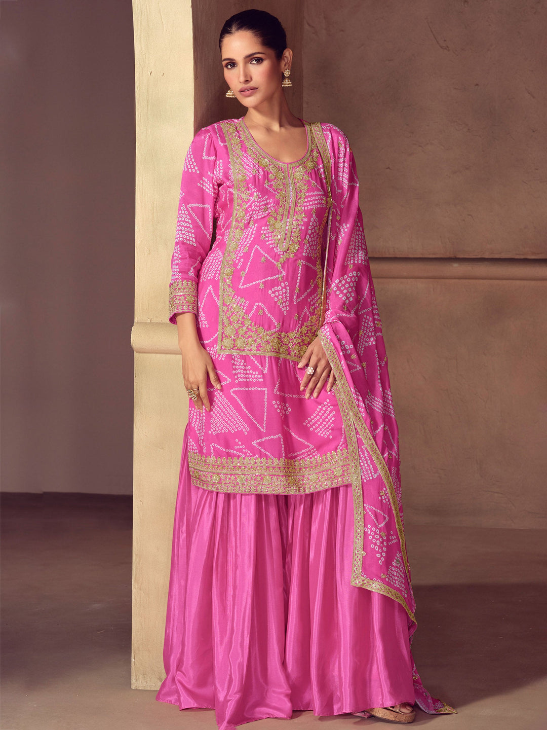 Pink Embroidered Chinon Kurta Palazzo with Dupatta