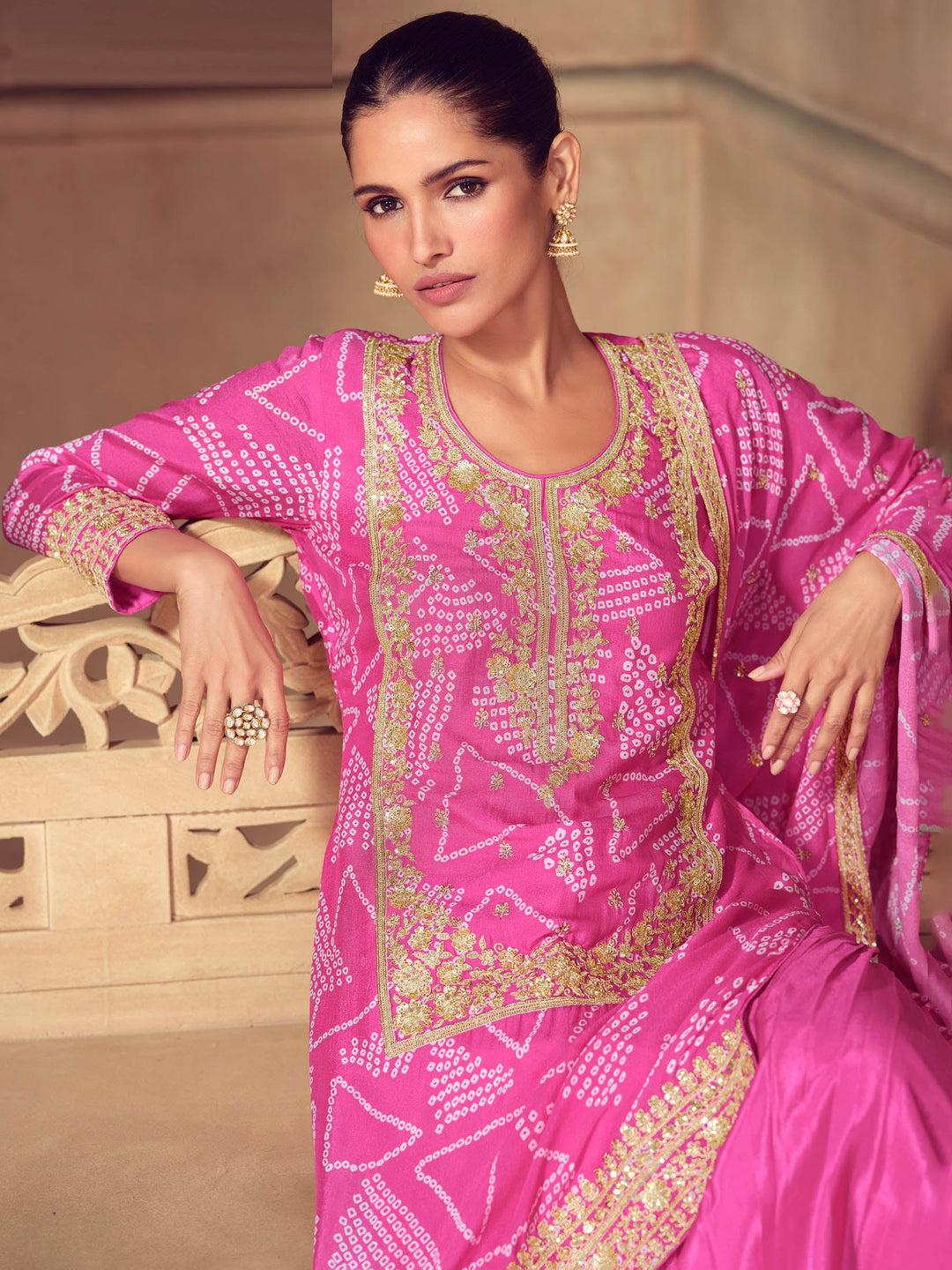 Pink Embroidered Chinon Kurta Palazzo with Dupatta