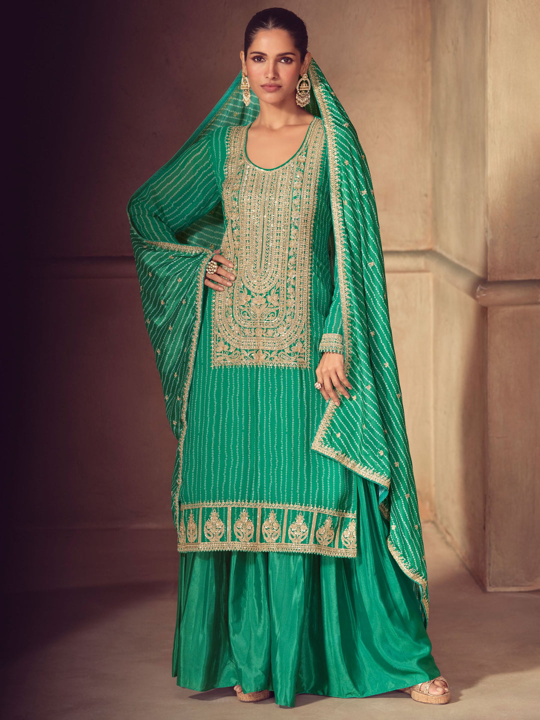 Green Embroidered Chinon Kurta Palazzo with Dupatta