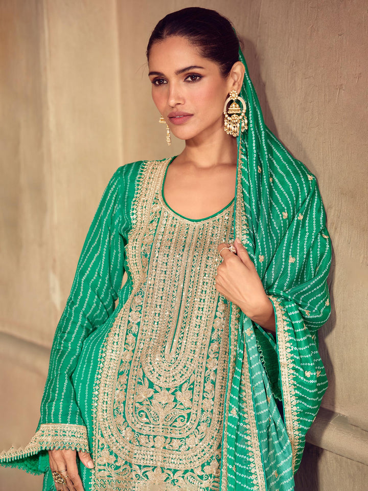 Green Embroidered Chinon Kurta Palazzo with Dupatta