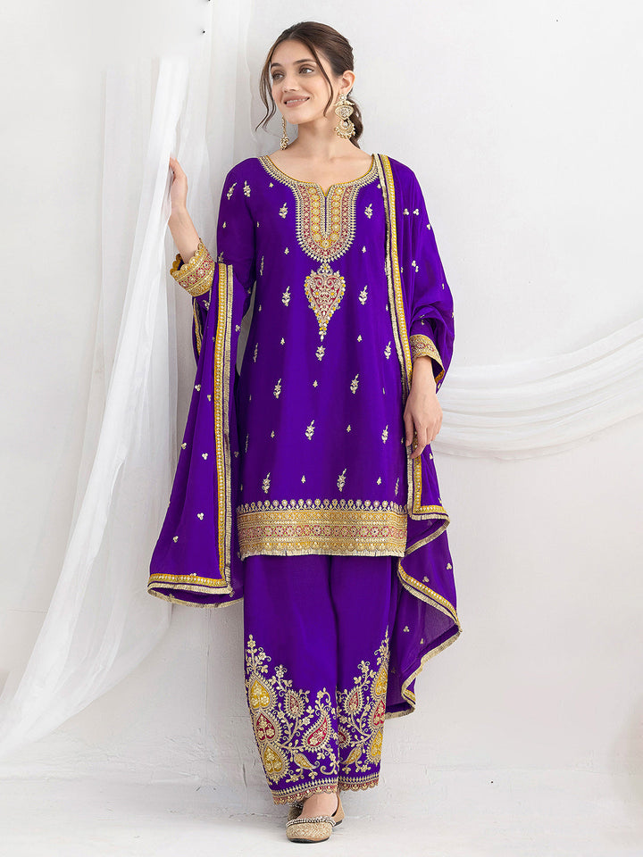 Purple Chinon Embroidered Kurta Farsi Salwar With Dupatta