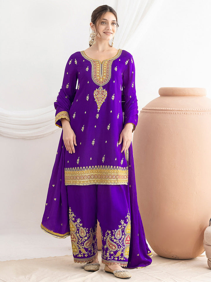 Purple Chinon Embroidered Kurta Farsi Salwar With Dupatta