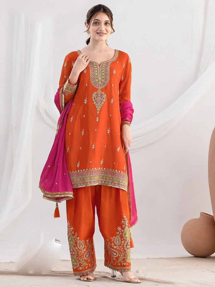 Orange Chinon Embroidered Kurta Farsi Salwar With Dupatta