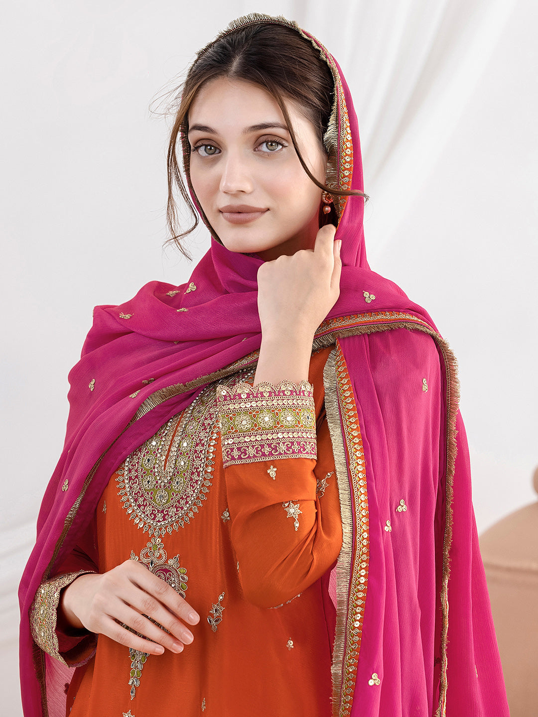 Orange Chinon Embroidered Kurta Farsi Salwar With Dupatta