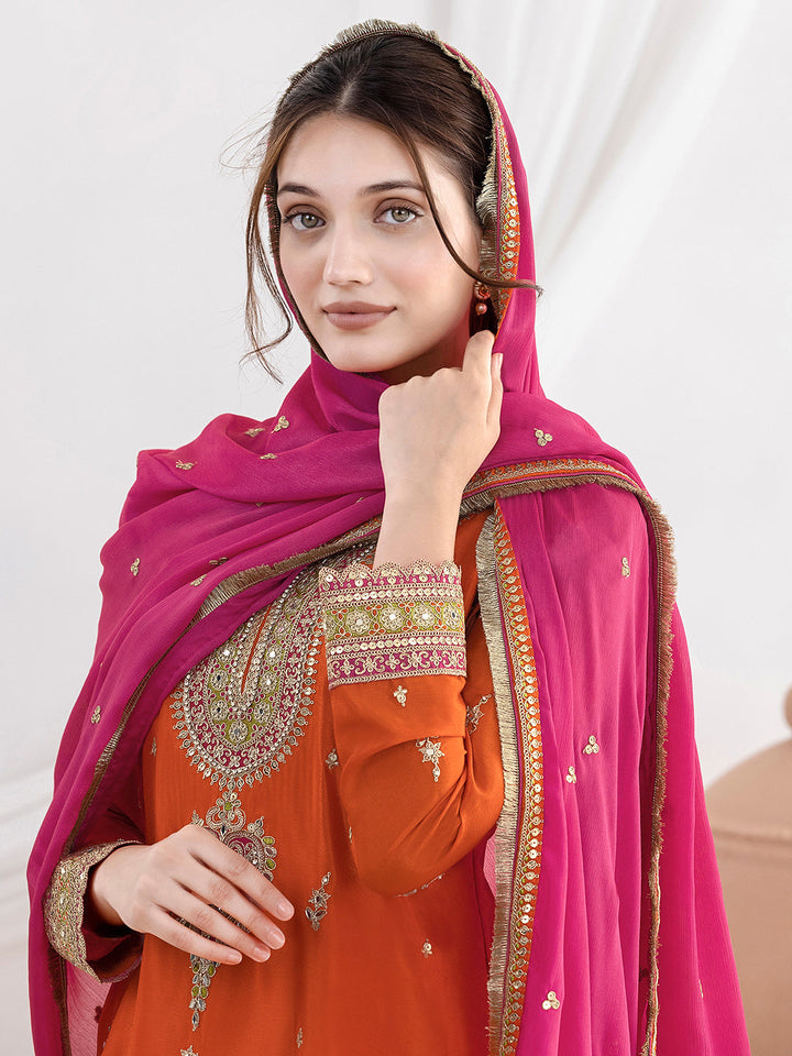 Orange Chinon Embroidered Kurta Farsi Salwar With Dupatta