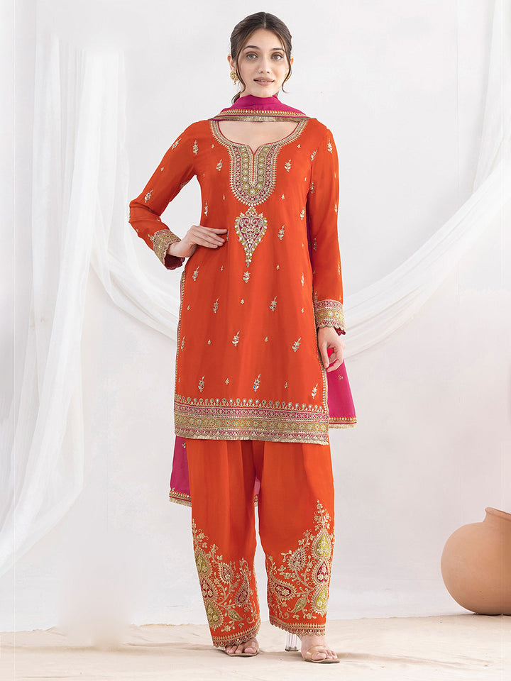 Orange Chinon Embroidered Kurta Farsi Salwar With Dupatta