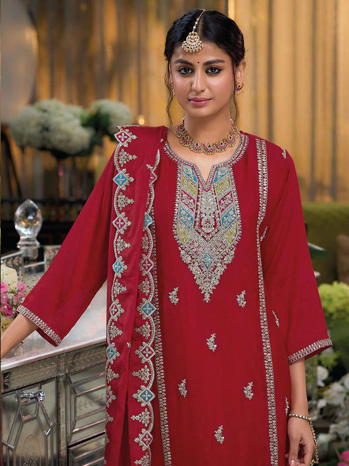 Red Embroidered Chinnon Kurta Palazzo Dupatta
