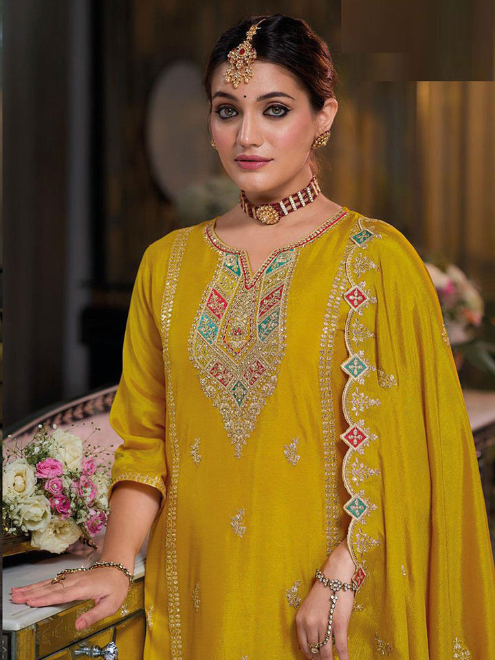 Yellow Embroidered Chinnon Kurta Palazzo Dupatta