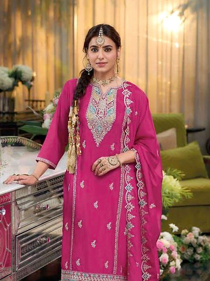 Pink Embroidered Chinnon Kurta Palazzo Dupatta