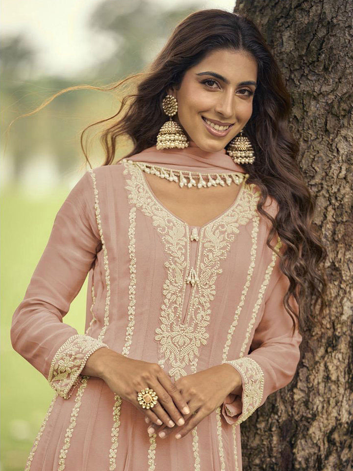 Peach Embroidered Georgette Kurta Pant Dupatta