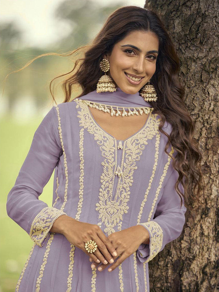 Lavender Embroidered Georgette Kurta Pant Dupatta