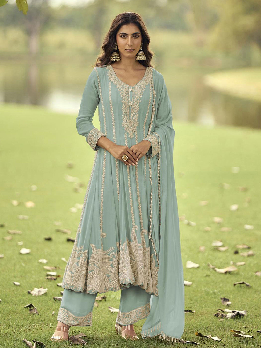Mint Embroidered Georgette Kurta Pant Dupatta