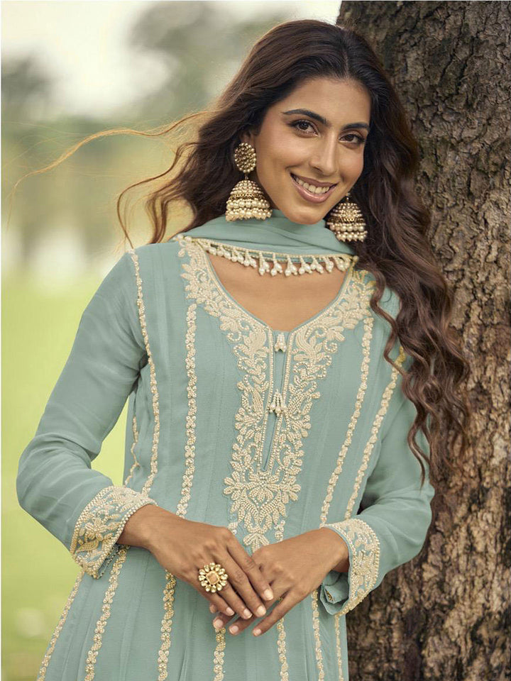 Mint Embroidered Georgette Kurta Pant Dupatta